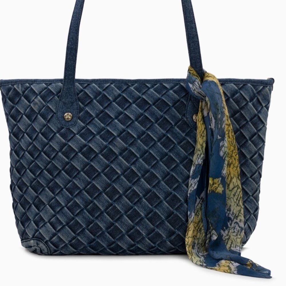 Patricia Nash Viotti Tote with Greek Map Scarf - Washed Woven Denim - NEW